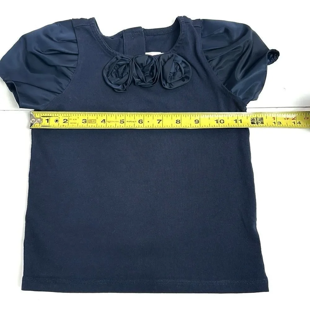 Janie & Jack Girls Top Shirt Size 3 Navy Blue Satin Sheen Rosettes And Sleeves